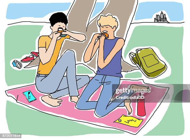two males eating at a picnic - foodie stock illustrations