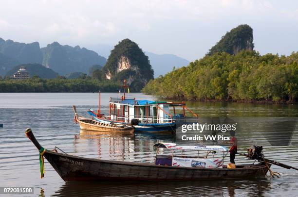 Khao Khanap Nam. Krabi River and Kanab Nam Twin Peaks in the distance, Krabi Town, Krabi Province, Thailand, Southeast Asia, Asia. A very popular...