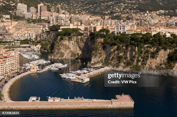 Fontvieille harbour and Monaco, View from Helicopter, Cote d'Azur, Monaco.