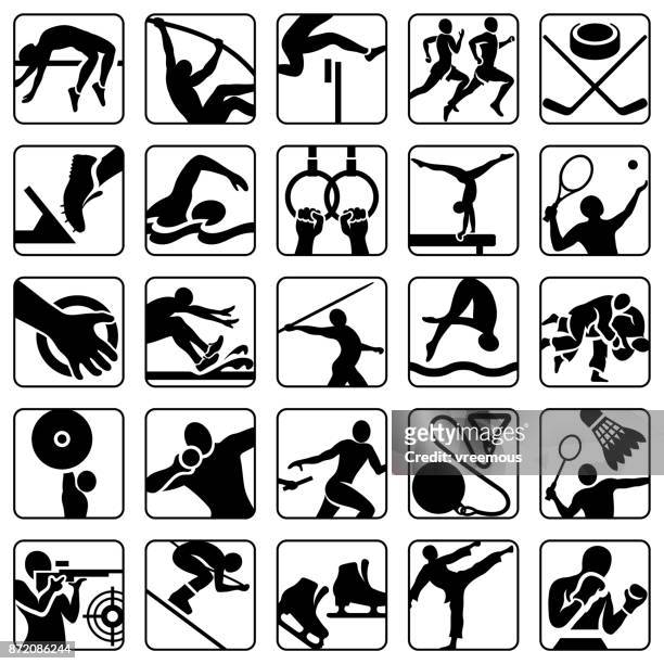 sports and athletics icons set - long jump stock illustrations