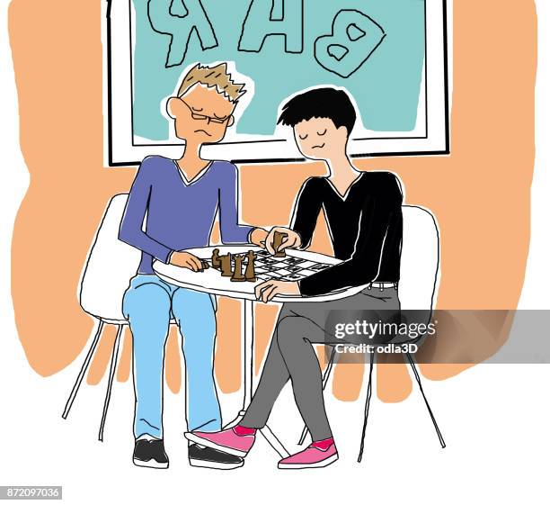 two people competing in the game - reading glasses on table stock illustrations