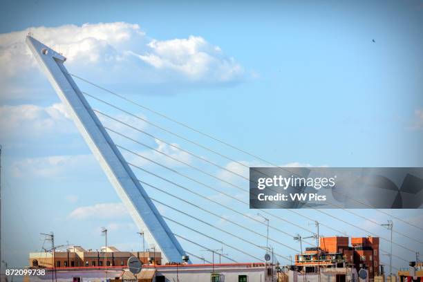 View of the pylon of Alamillo Bridge, Seville, Spain. The Alamillo Bridge is a structure in Seville, Andalucia , which spans the Canal de Alfonso...