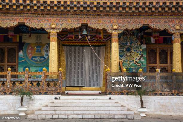 Ornate architectural detail of the Buddhist temple in the Punakha Dzong. Punakha, Bhutan.