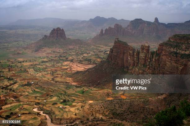 Gheralta mountains, near Hawzen, Eastern Tigray, Ethiopia. View from one of the peaks of the surrounding Gheralta mountains. In this region of...