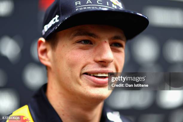 Max Verstappen of Netherlands and Red Bull Racing talks to the media during previews for the Formula One Grand Prix of Brazil at Autodromo Jose...