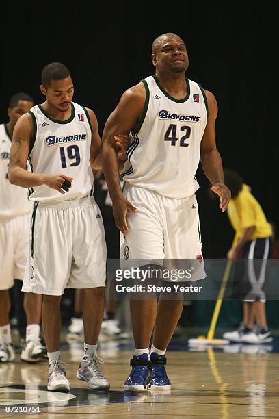 Lamar Butler helps Alton Ford of the Reno Bighorns off the court during the D-League game against the Erie Bayhawks at the Reno Events Center on...