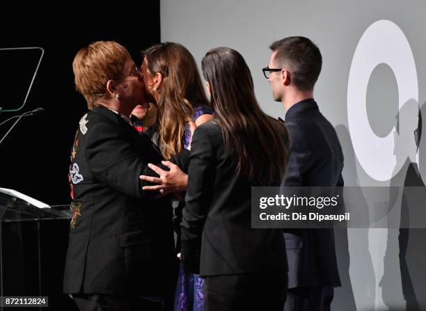 Elton John, Aileen Getty,Rhys Tivey, Elizabeth Carson and Quinn Tivey speak onstage at the Elton John AIDS Foundation 25th Year And Honors Founder...