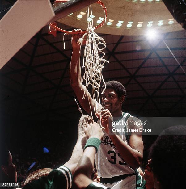 Final Four: Michigan State Magic Johnson victorious, cutting down net after winning championship game vs Indiana State. Salt Lake City, UT 3/26/1979...