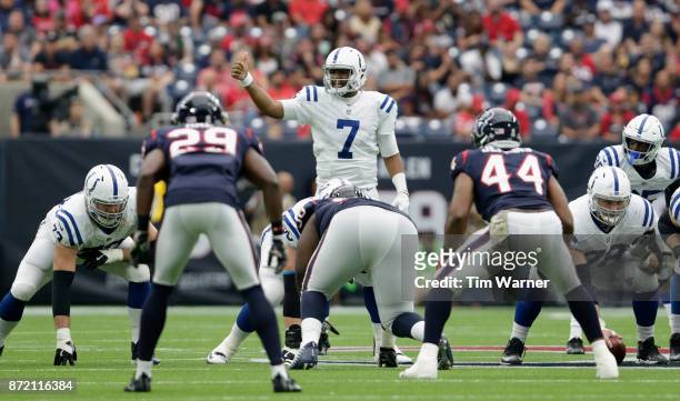 Jacoby Brissett of the Indianapolis Colts signals at the line of scrimmage against the Houston Texans in the first half at NRG Stadium on November 5,...