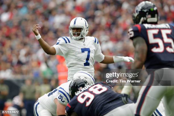 Jacoby Brissett of the Indianapolis Colts signals at the line of scrimmage against the Houston Texans in the first half at NRG Stadium on November 5,...