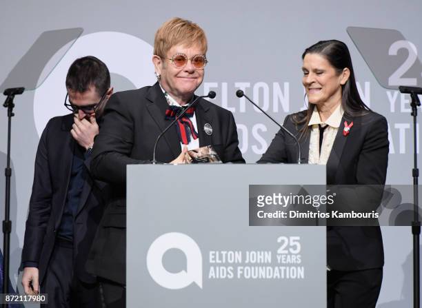 Elton John, Aileen Getty,Rhys Tivey, Elizabeth Carson and Quinn Tivey speak onstage at the Elton John AIDS Foundation 25th Year And Honors Founder...