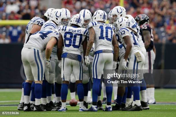 The Indianapolis Colts huddle in the second half against the Houston Texans at NRG Stadium on November 5, 2017 in Houston, Texas.