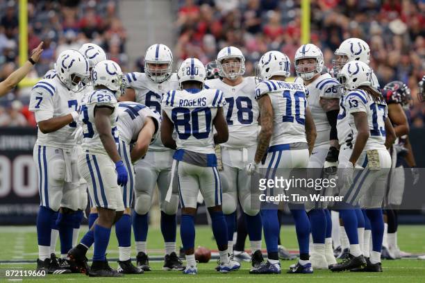 The Indianapolis Colts huddle in the second half against the Houston Texans at NRG Stadium on November 5, 2017 in Houston, Texas.