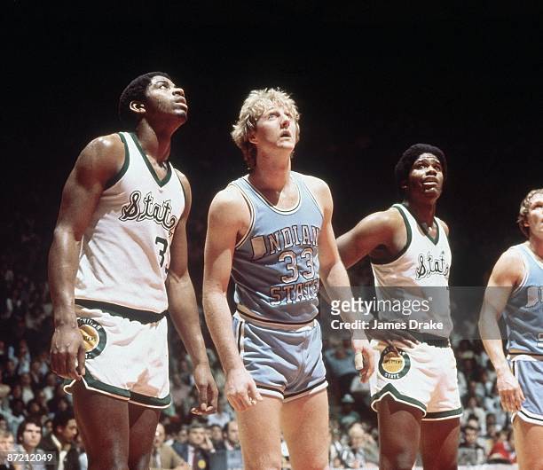 Final Four: Michigan State Magic Johnson and Indiana State Larry Bird lining up for foul shot during game. Salt Lake City, UT 3/26/1979 CREDIT: James...
