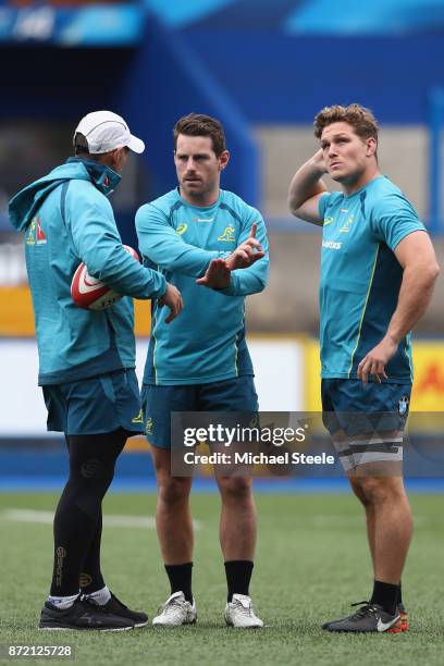 Australia captain Michael Hooper alongside Bernard Foley during the Australia training session at Cardiff Arms Park on November 9, 2017 in Cardiff,...