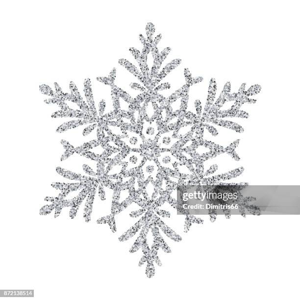 schneeflocke - silber glitter vektor christbaumschmuck auf weißem hintergrund - schneeflocke schneekristall stock-grafiken, -clipart, -cartoons und -symbole