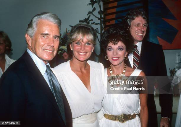 John Forsyth, Linda Evans, Joan Collins and clothes designer Nolan Miller Aaron at a Dynasty celebration party at a Beverly Hills Hotel on June 12...