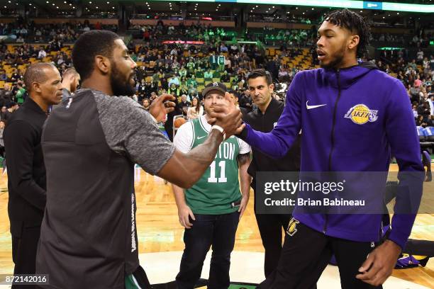Kyrie Irving of the Boston Celtics and Brandon Ingram of the Los Angeles Lakers shake hands before the game on November 8, 2017 at the TD Garden in...