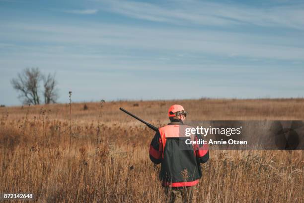 man with rifle walking through waist high prairie grass - pheasant stock pictures, royalty-free photos & images