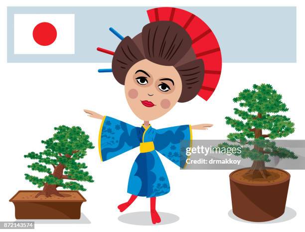 geisha and bonsai - bamboo bonsai stock illustrations