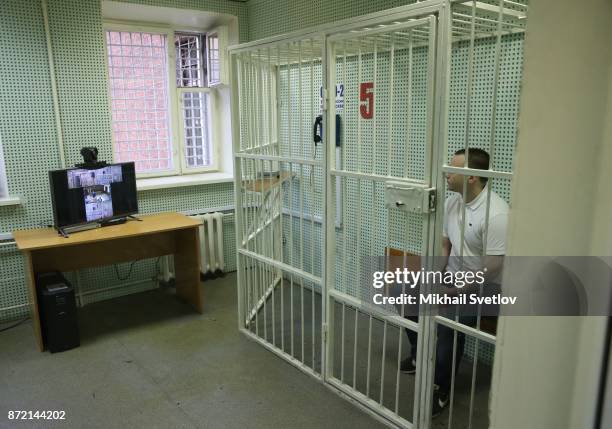 An imprisoned man has a video conference with the court at the main building of Butyrka prison on October 31, 2017 in Moscow, Russia.. Butyrka...