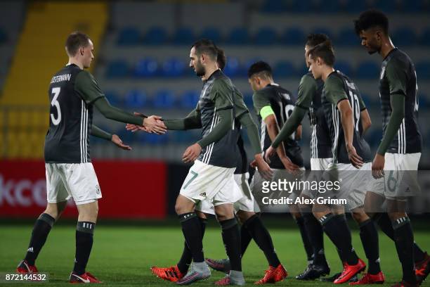 Levin Oeztunali of Germany celebrates his team's seventh goal with team mates during the UEFA Under21 Euro 2019 Qualifier match between Azerbaijan...