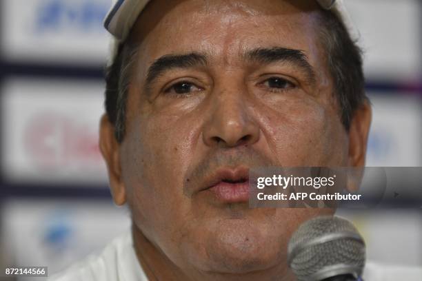 Honduras coach, Colombian Jorge Luis Pinto speaks during a press conference at Francisco Morazan stadium in San Pedro Sula, Honduras, on November 9...