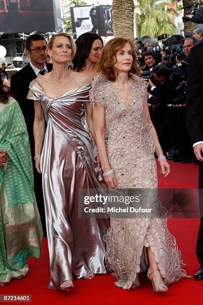 Robin Wright Penn, Asia Argento and Isabelle Huppert attends the premiere of 'Up' at the Palais De Festival during the 62nd International Cannes Film...