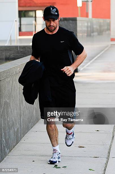 Actor Hugh Jackman runs along the West Side Highway in the West Village May 13, 2009 in New York City.