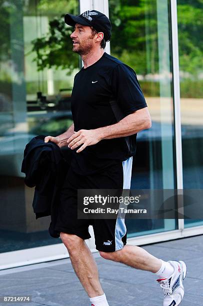 Actor Hugh Jackman runs along the West Side Highway in the West Village May 13, 2009 in New York City.