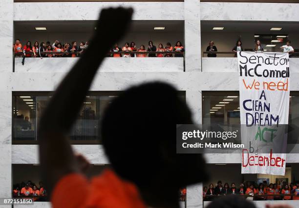 Dreamers fill the halls and atrium during a protest inside of the Hart Senate Office Building on November 9, 2017 in Washington, DC. Dreamers were...