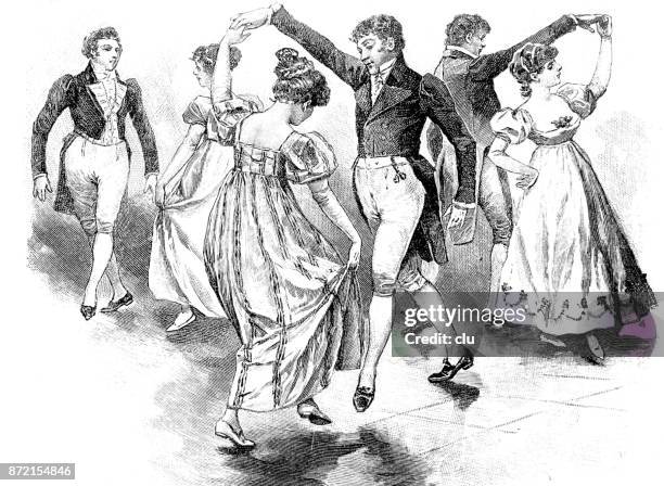 traditional old dance: couples dancing the gavotte - line drawing people dancing stock illustrations