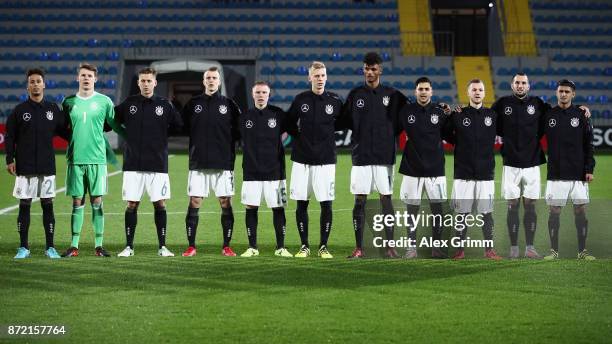 Players of Germany stand together prior to the UEFA Under21 Euro 2019 Qualifier match between Azerbaijan U21 and Germany U21 at Dalga Arena on...