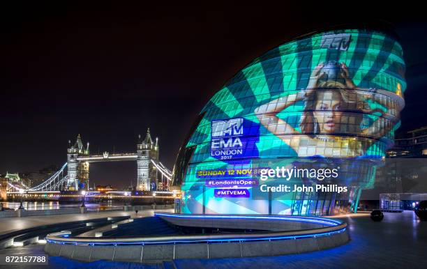 To kick off the 2017 MTV EMAs in London, MTV have projected an image of this year's host Rita Ora onto City Hall on November 8, 2017 in London,...