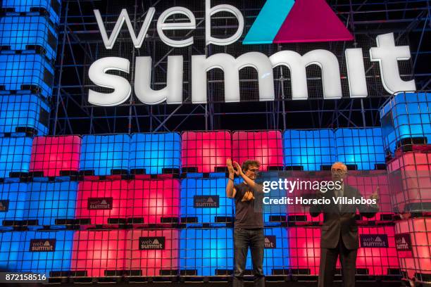 Portuguese President Marcelo Rebelo de Sousa joins CEO Paddy Cosgrave to deliver closing remarks at the end of the final day of Web Summit in Altice...