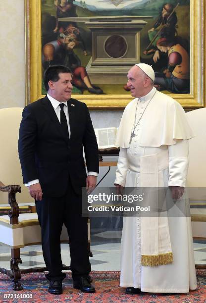 Pope Francis meets President of Paraguay Horacio Manuel Cartes Jara at the Apostolic Palace on November 9, 2017 in Vatican City, Vatican. In a post...