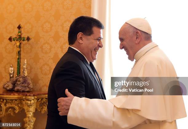 Pope Francis meets President of Paraguay Horacio Manuel Cartes Jara at the Apostolic Palace on November 9, 2017 in Vatican City, Vatican. In a post...