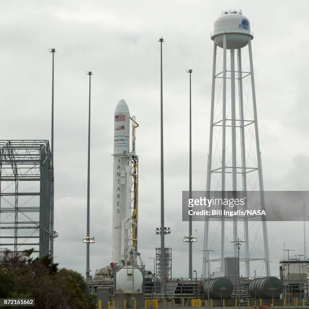 The Orbital ATK Antares rocket, with the Cygnus spacecraft onboard, is raised into the vertical position on launch Pad-0A, Thursday, November 9, 2017...