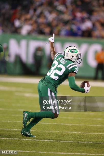 Cornerback Juston Burris of the New York Jets celebrates a fumble recovery in action against the Buffalo Bills at MetLife Stadium on November 2, 2017...