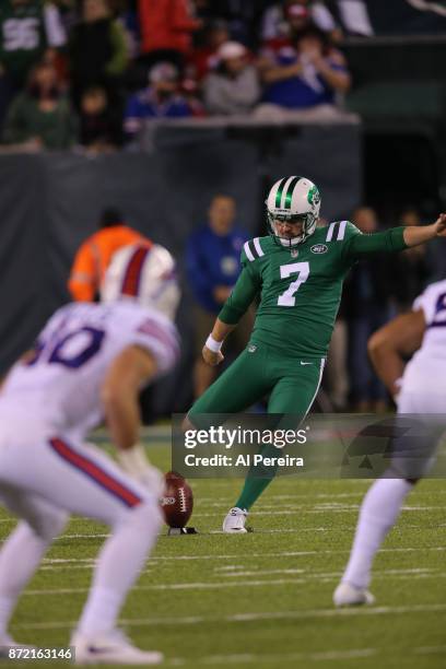 Kicker Chandler Catanzaro of the New York Jets kicks off in action against the Buffalo Bills at MetLife Stadium on November 2, 2017 in East...
