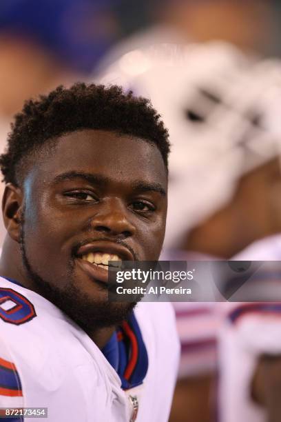 Defensive End Shaq Lawson of the Buffalo Bills in action against the New York Jets at MetLife Stadium on November 2, 2017 in East Rutherford, New...