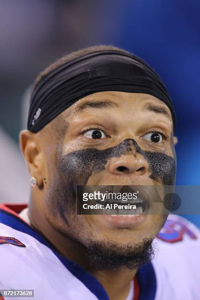 Defensive End Jerel Worthy of the Buffalo Bills in action against the New York Jets at MetLife Stadium on November 2, 2017 in East Rutherford, New...