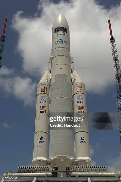 In this handout photo provided by the European Space Agency , The Ariane 5 enclosing Herschel and Planck stands at the launch area on May 13, 2009 at...