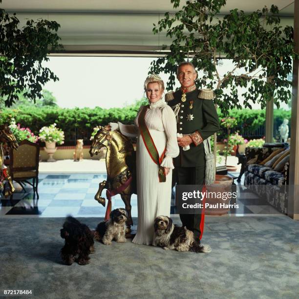 Zsa Zsa Gabor with her husband Frederic Prinz von Anhalt photographed at home on June 6, 1990 in Bel Air, California