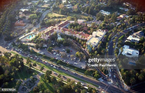 The Beverly Hills Hotel on Sunset Boulevard, photographed from a helicopter on May 3, 1991. Sunset Boulevard, Beverly Hills, Los Angeles, California...