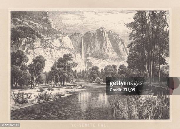 ilustraciones, imágenes clip art, dibujos animados e iconos de stock de caídas de yosemite, en sierra nevada, california, estados unidos, grabado en madera, publicada de 1889 - cascadas de yosemite