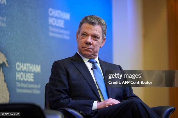 Colombia's President Juan Manuel Santos waits to receive the annual Chatham House Prize at Chatham House in London on November 9, 2017 The Chatham...