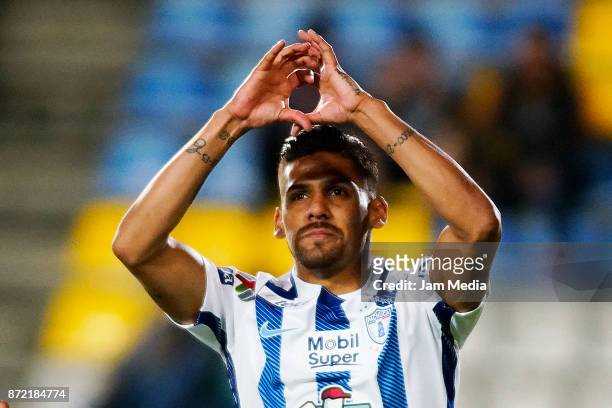 Franco Jara of Pachuca celebrates after scoring the first goal of his team during the quarter final match between Pachuca and Tijuana as part of the...