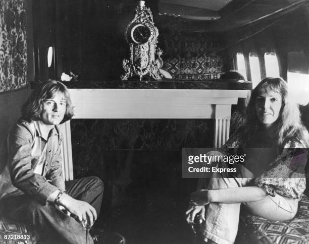 Musician John Paul Jones of English rock band Led Zeppelin aboard 'The Starship', a private Boeing 720B passenger jet, during their North America...