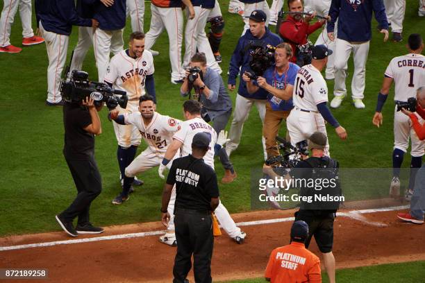 World Series: Rear view of Houston Astros Alex Bregman victorious with Jose Altuve after winning game vs Los Angeles Dodgers at Minute Maid Park....